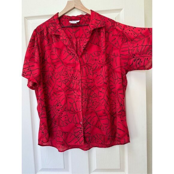 Lady Shapely red monstera leaf plant women’s L button up vintage 90s retro butto - Picture 7 of 8